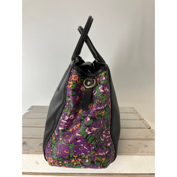 COACH F57630 BLACK SMOOTH LEATHER PURPLE FLORAL HANDBAG - Picture 2 of 16